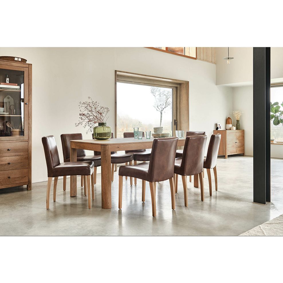 Lyla Mango Dining Table + 8 Dawson Chairs with Oak Legs in Vintage Brown Leather Look Fabric 1