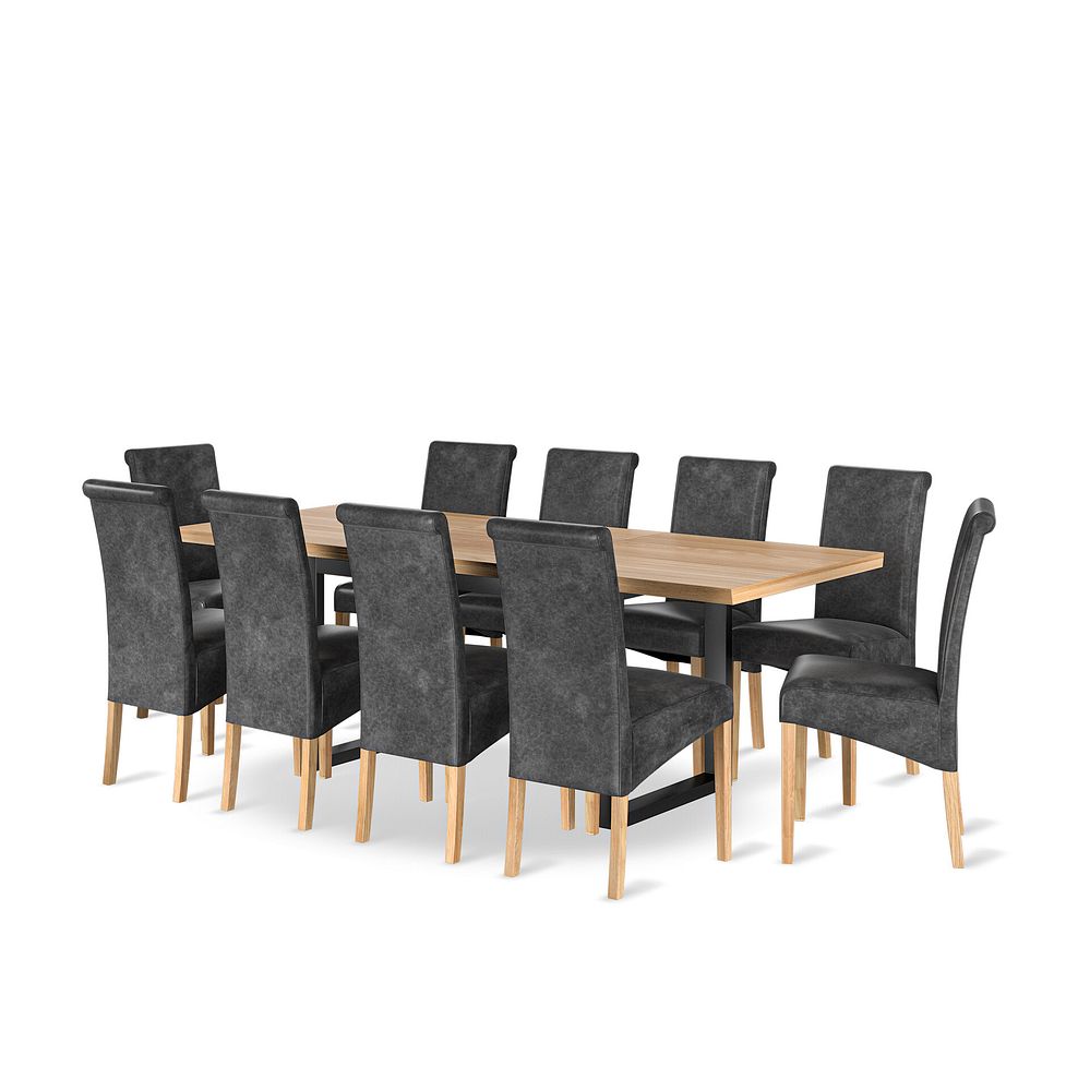 Maine Natural Oak & Metal Extending Dining Table with 10 Scroll Back Chairs in Vintage Black Leather Look Fabric 1