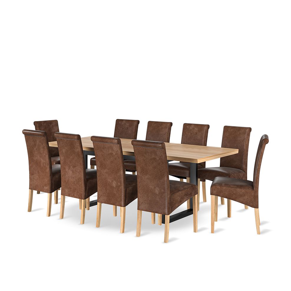Maine Natural Oak & Metal Extending Dining Table with 10 Scroll Back Chairs in Vintage Brown Leather Look Fabric 1
