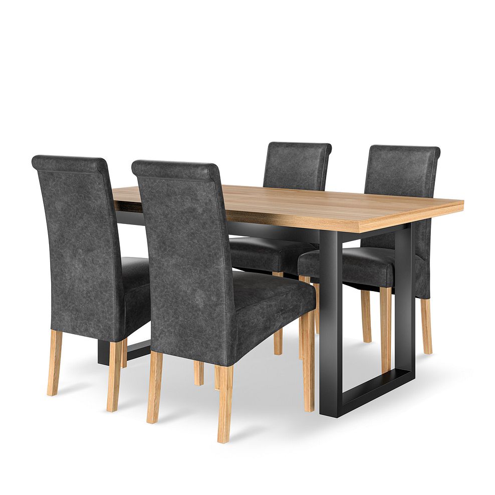Maine Natural Oak & Metal Extending Dining Table with 4 Scroll Back Chairs in Vintage Black Leather Look Fabric 1