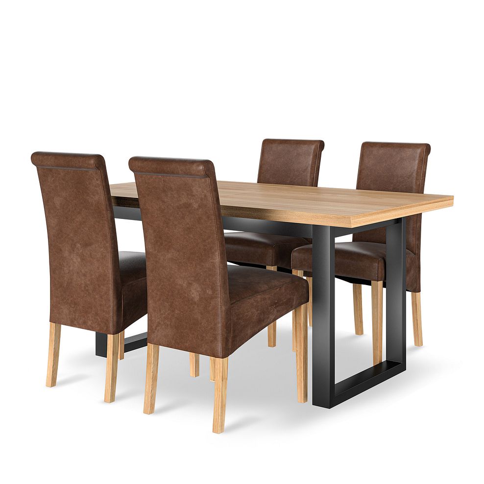 Maine Natural Oak & Metal Extending Dining Table with 4 Scroll Back Chairs in Vintage Brown Leather Look Fabric 1