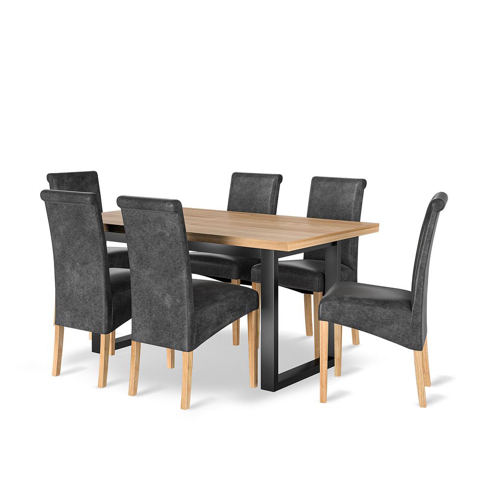 Maine Natural Oak & Metal Extending Dining Table with 6 Scroll Back Chairs in Vintage Black Leather Look Fabric 1