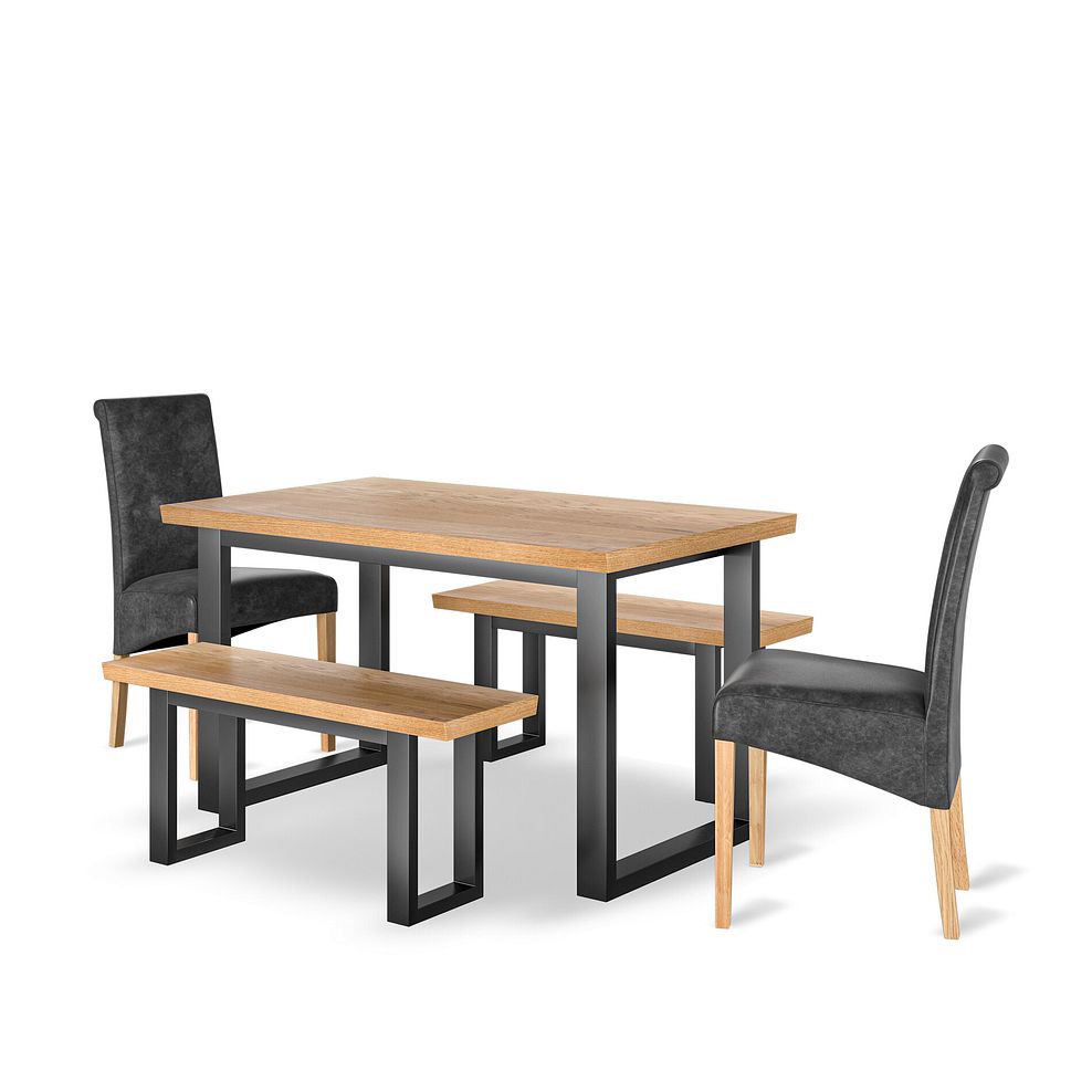 Maine Natural Oak & Metal Fixed Dining Table with 2 Small Maine Bench and 2 Scroll Back Chairs in Vintage Black Leather Look Fabric 1