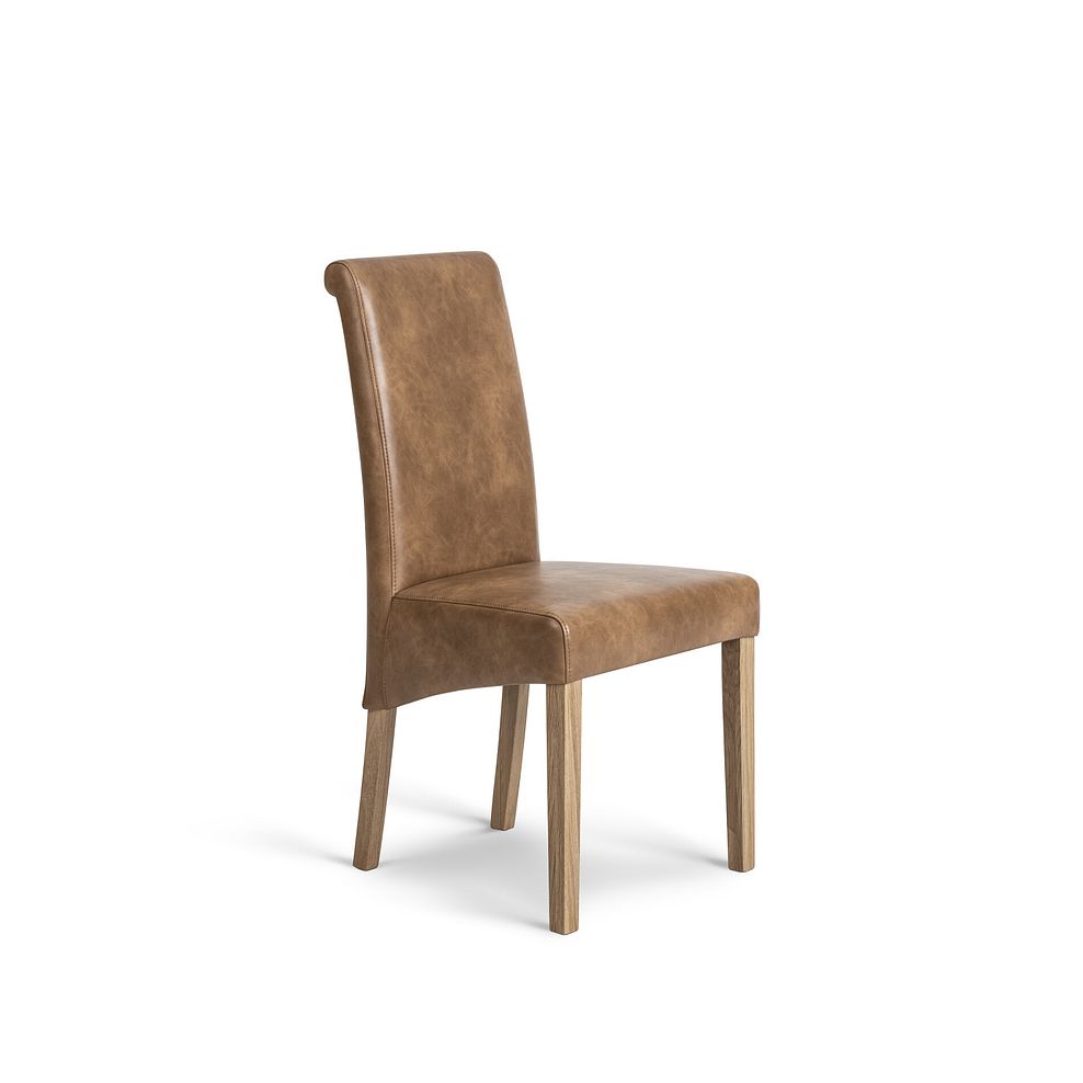 Maine Natural Solid Oak & Metal Fixed Dining Table 130cm + 4 Scroll Back Chair in Vintage Tan Leather Look Fabric with Oak Legs 3