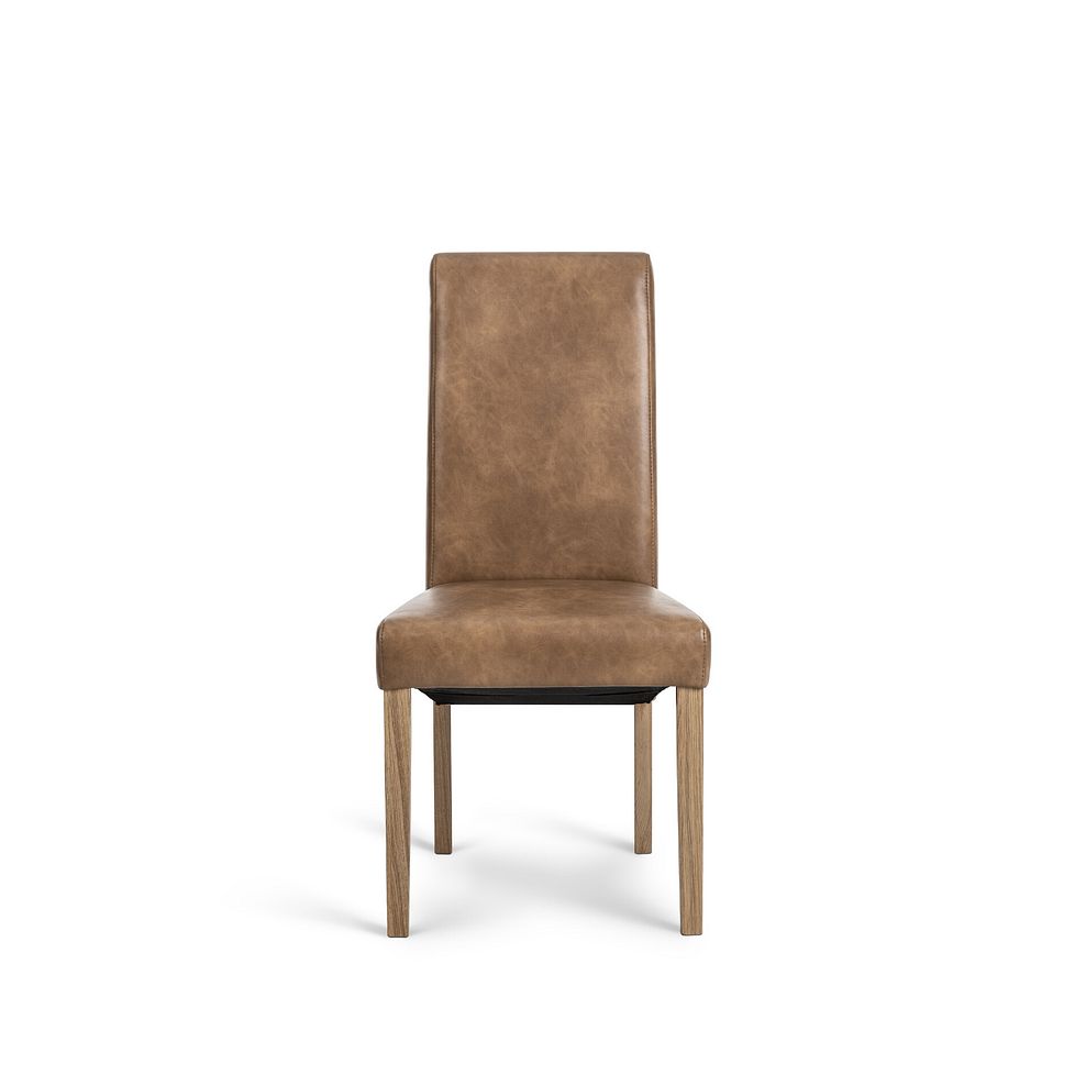 Maine Natural Solid Oak & Metal Fixed Dining Table 130cm + 4 Scroll Back Chair in Vintage Tan Leather Look Fabric with Oak Legs 4