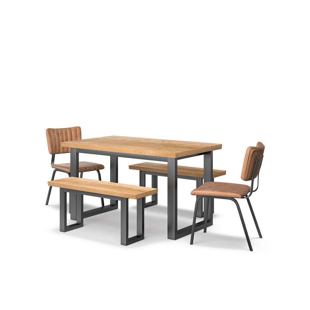 Maine Fixed Dining Table 130cm + 2 Maine Benches 100cm + 2 Mason Chairs in Vintage Tan Leather-Look 1