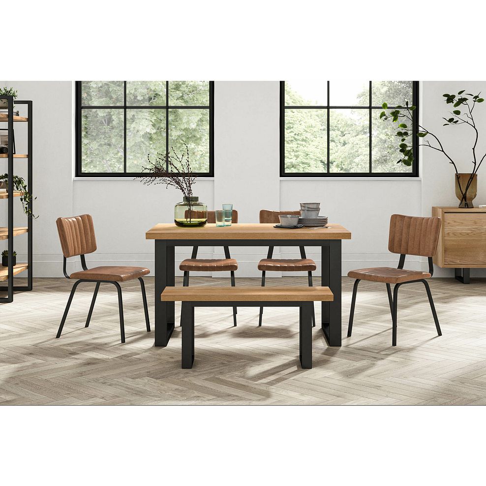 Maine Fixed Dining Table + 1 Maine Bench + 4 Mason Chairs in Vintage Tan Leather-Look  1