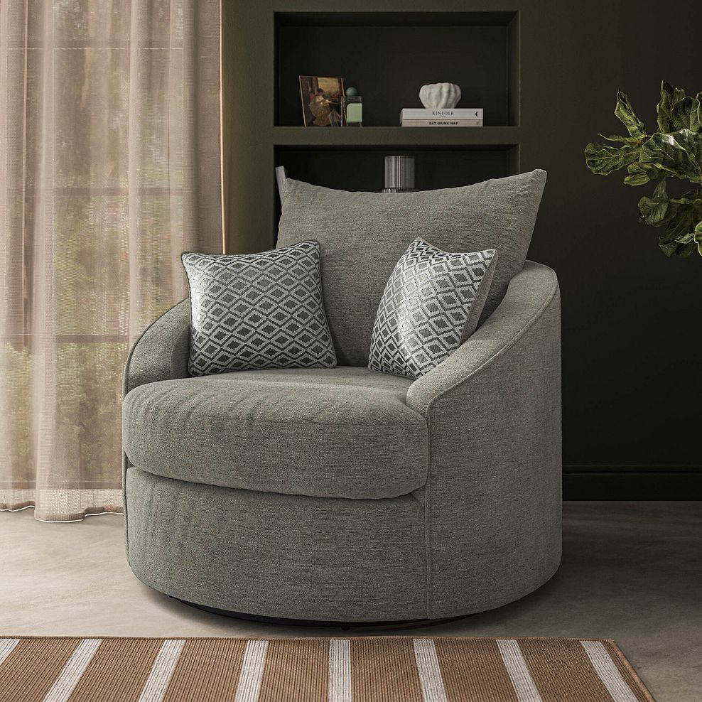 Malvern Swivel Cuddler Chair in Olive Green fabric 1