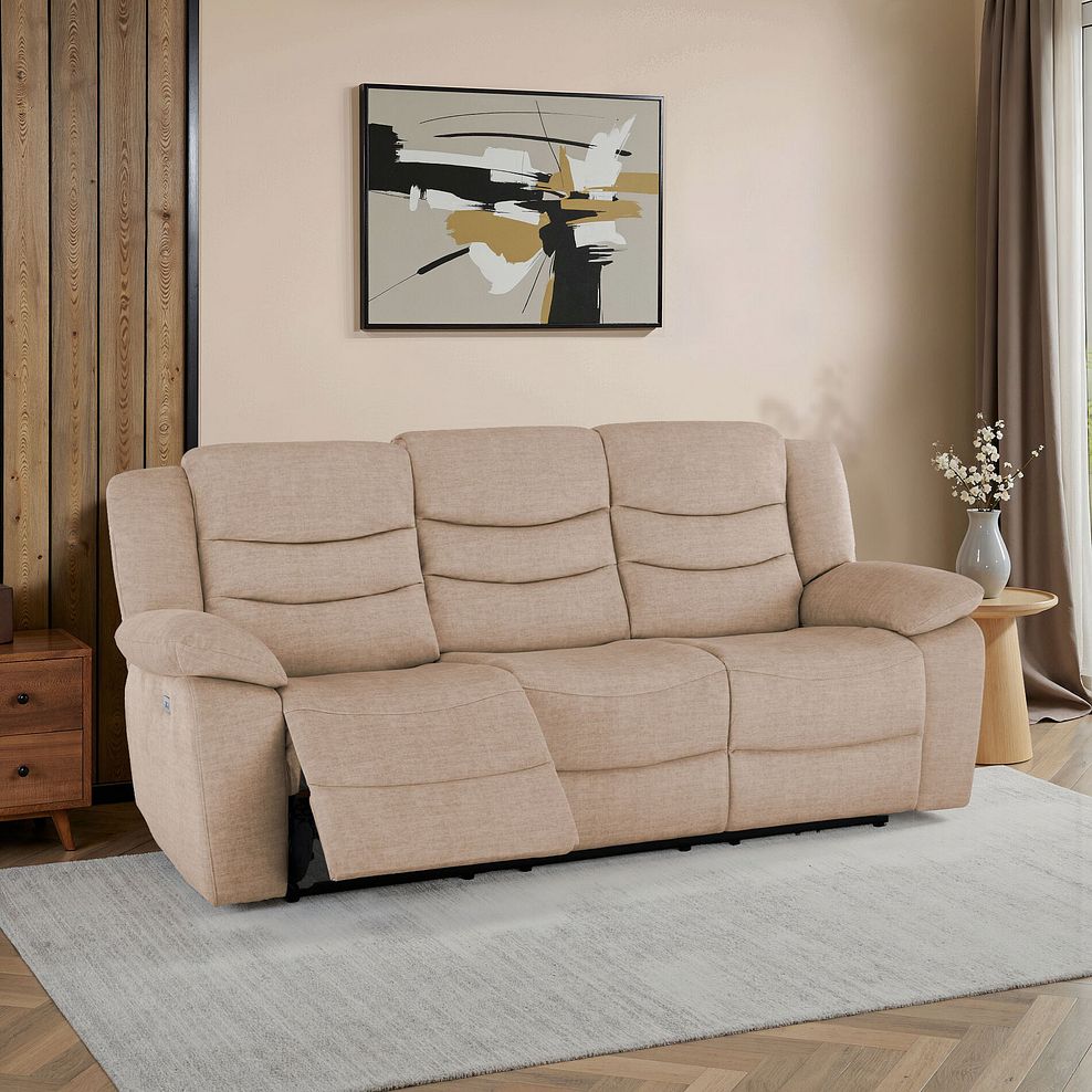 Marlow 3 Seater Electric Recliner Sofa in Plush Beige Fabric 1