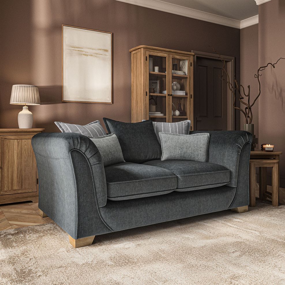 Milldale 2 Seater Pillow Back Sofa in Garda Carbon Fabric with Grey Scatters 1