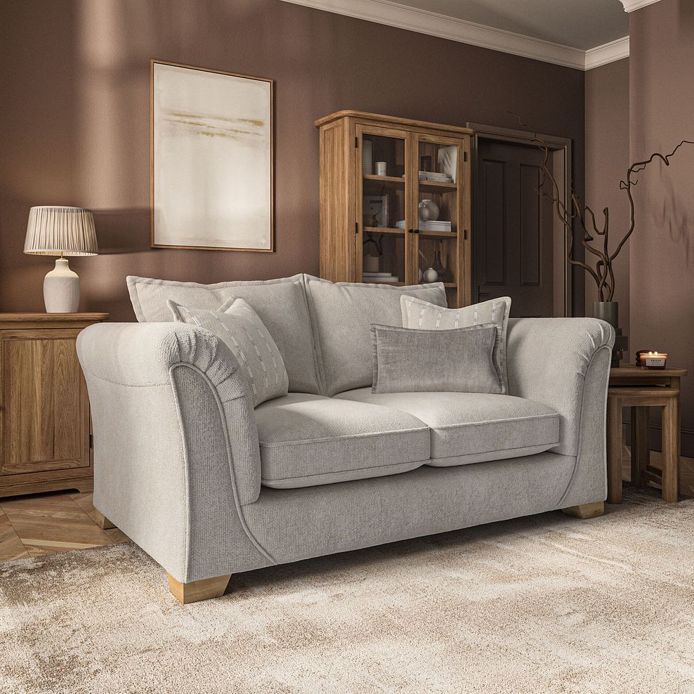 Milldale 2 Seater Sofa in Milo Cream Fabric with Linen Scatters 1