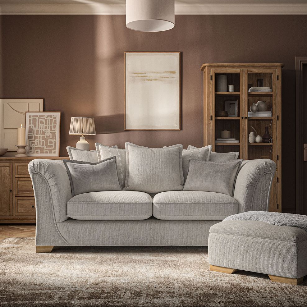Milldale 3 Seater Pillow Back Sofa in Milo Cream Fabric with Linen Scatters 2