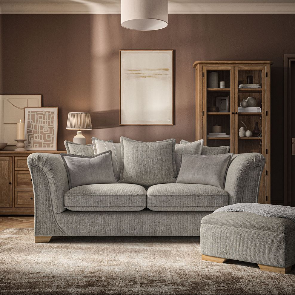 Milldale 3 Seater Pillow Back Sofa in Milo Mink Fabric with Linen Scatters 2