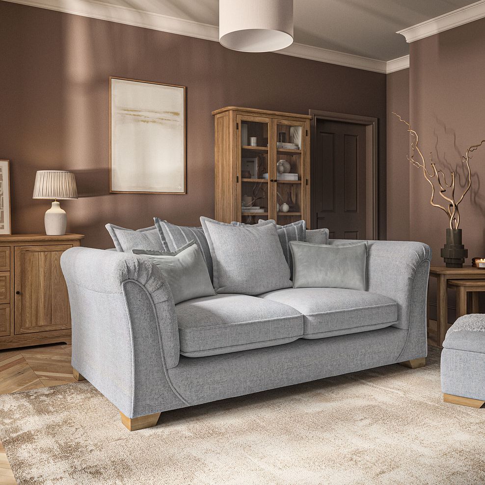 Milldale 3 Seater Pillow Back Sofa in Milo Silver Fabric with Grey Scatters 1