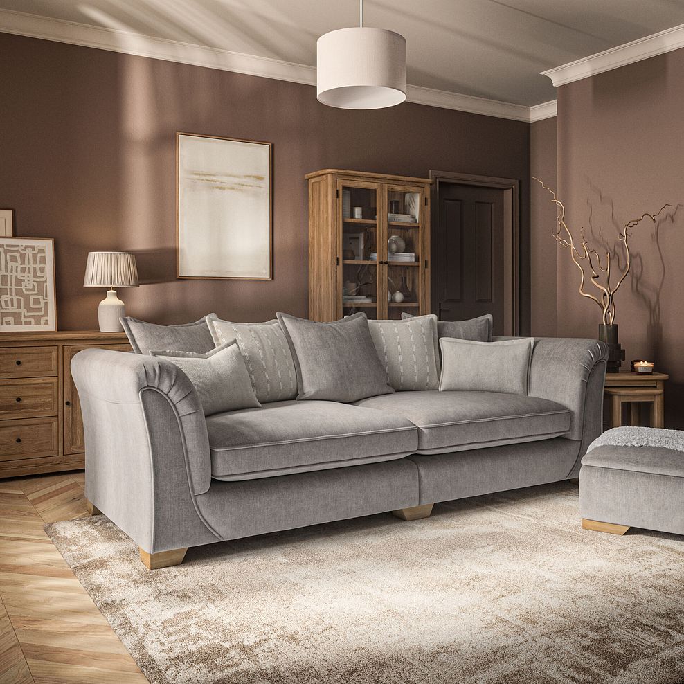 Milldale 4 Seater Pillow Back Sofa in Garda Acier Fabric with Linen Scatters 1