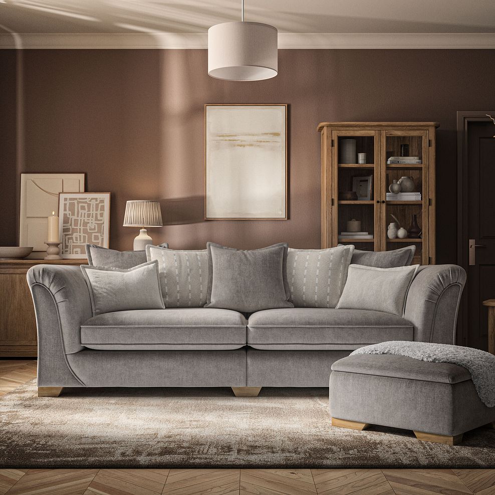Milldale 4 Seater Pillow Back Sofa in Garda Acier Fabric with Linen Scatters 2
