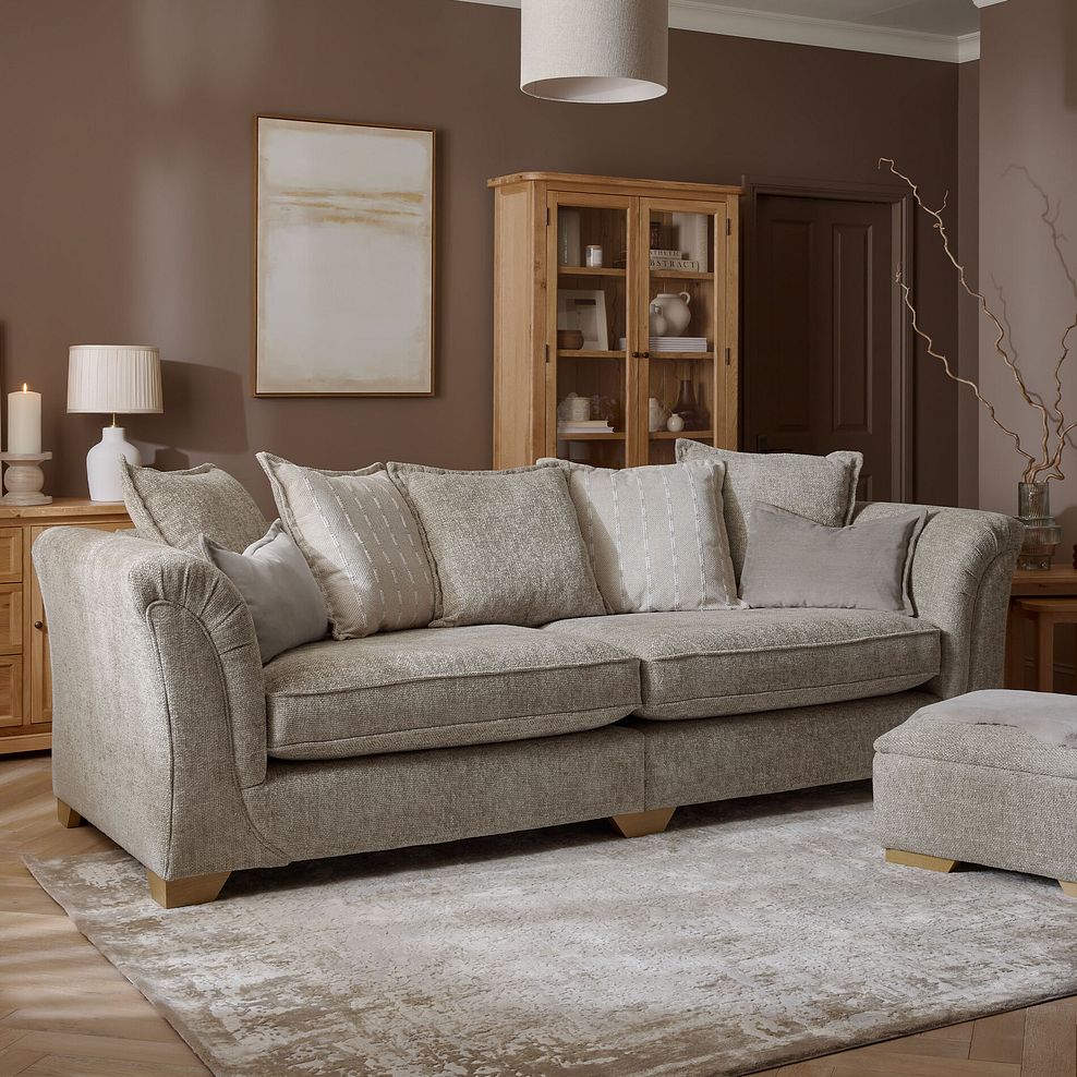 Milldale 4 Seater Pillow Back Sofa in Milo Mink Fabric with Linen Scatters 3