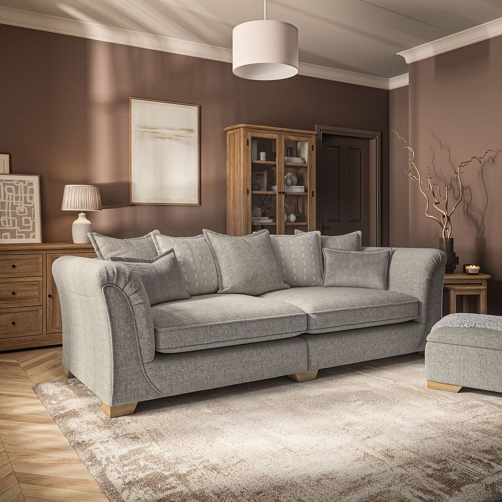 Milldale 4 Seater Pillow Back Sofa in Milo Mink Fabric with Linen Scatters 1
