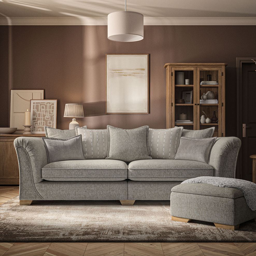 Milldale 4 Seater Pillow Back Sofa in Milo Mink Fabric with Linen Scatters 2