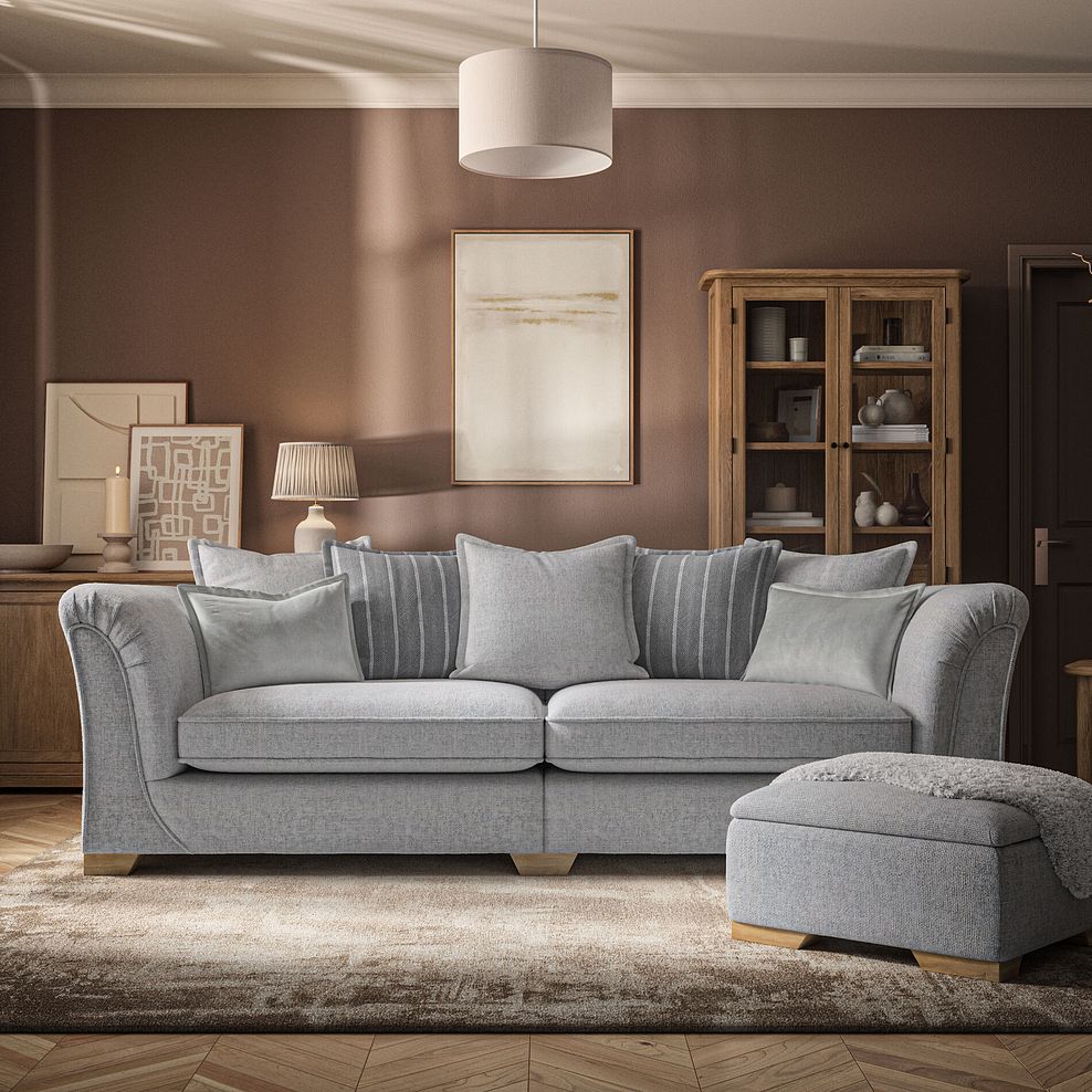 Milldale 4 Seater Pillow Back Sofa in Milo Silver Fabric with Grey Scatters 2
