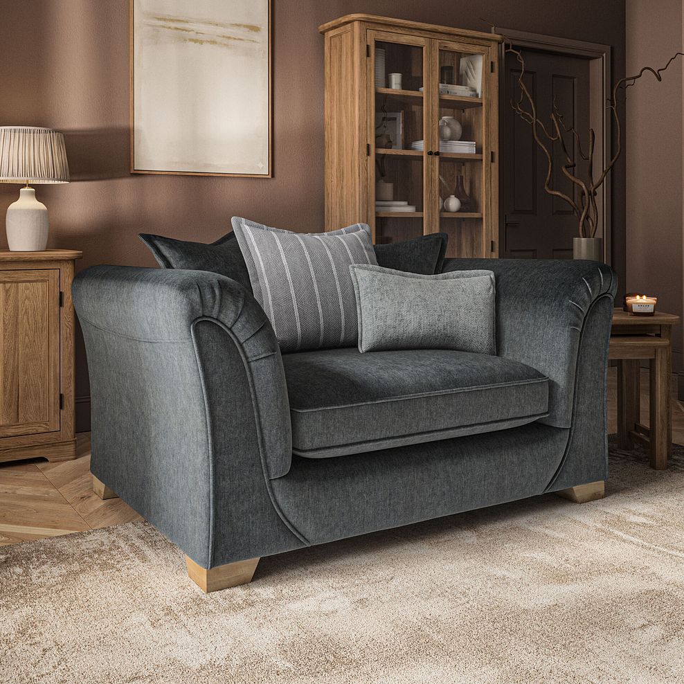 Milldale Pillow Back Loveseat in Garda Carbon Fabric with Grey Scatters 1