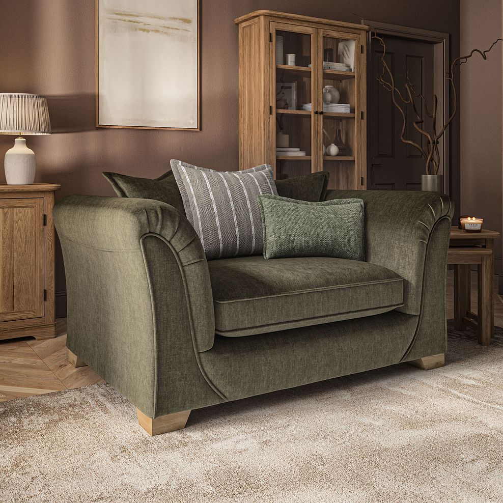 Milldale Pillow Back Loveseat in Garda Seaweed Fabric with Earth Scatters 1