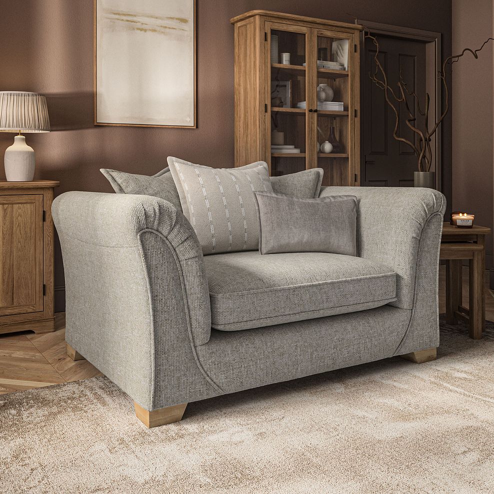 Milldale Pillow Back Loveseat in Milo Mink Fabric with Linen Scatters 1