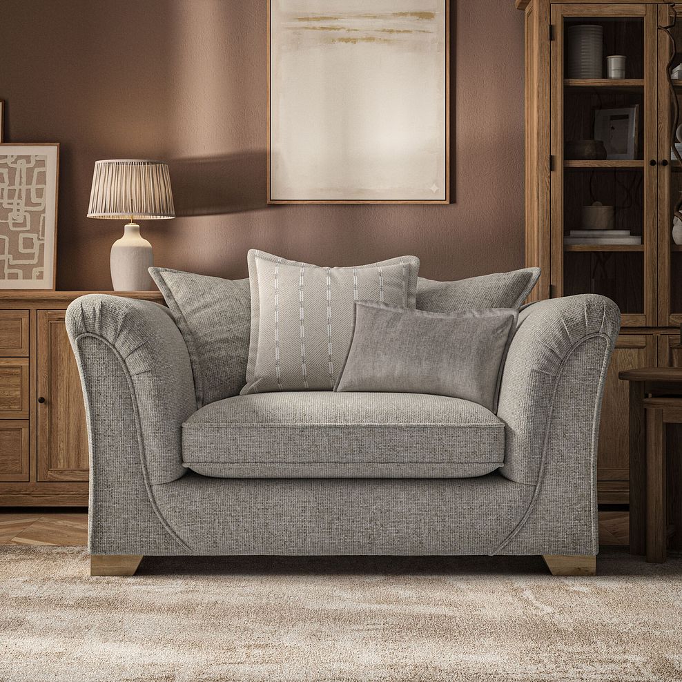Milldale Pillow Back Loveseat in Milo Mink Fabric with Linen Scatters 2