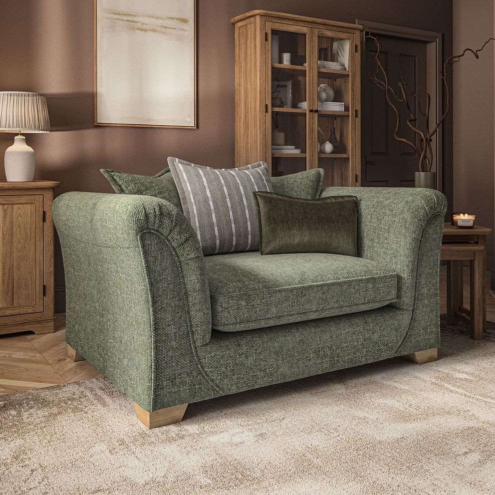 Milldale Pillow Back Loveseat in Milo Olive Fabric with Earth Scatters 1