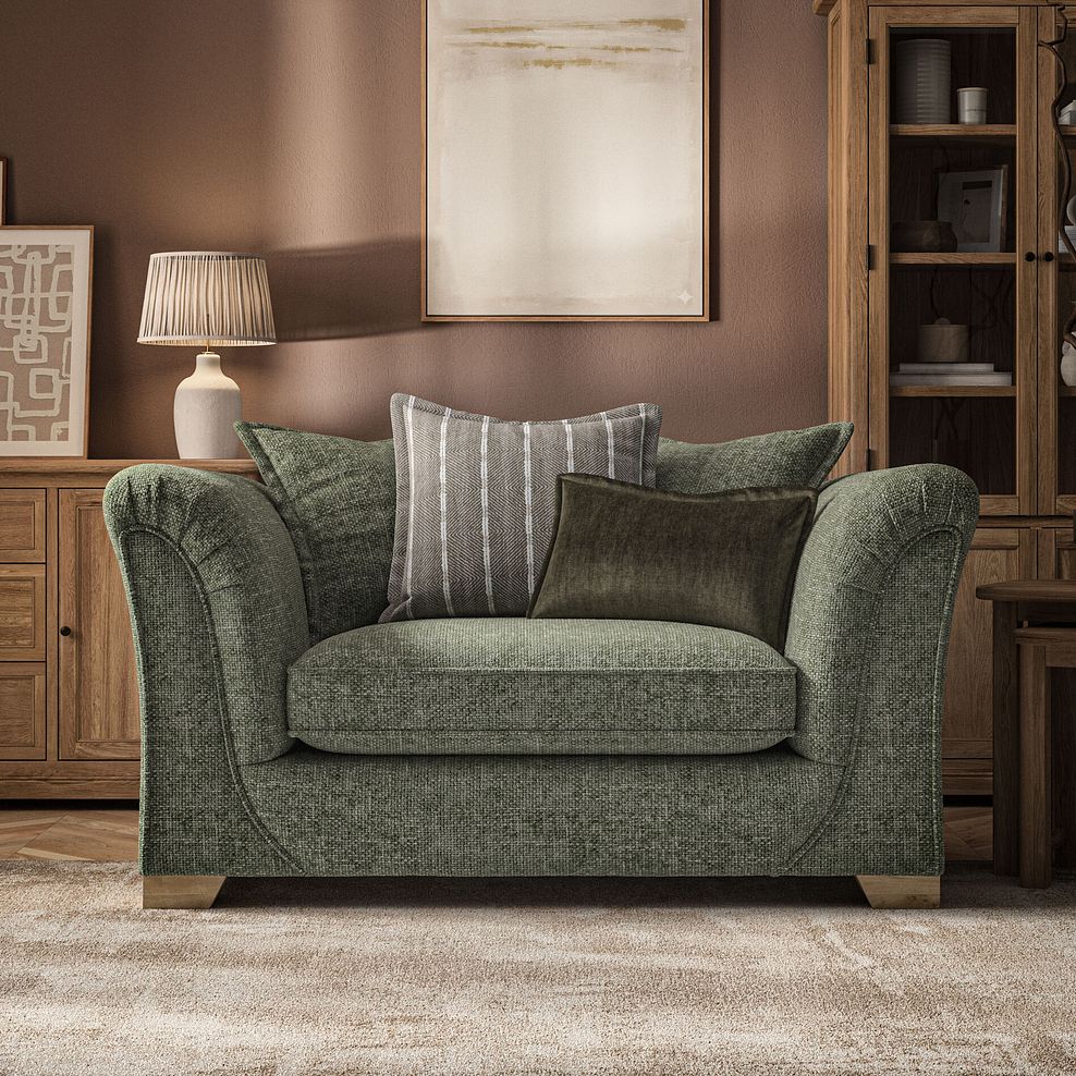 Milldale Pillow Back Loveseat in Milo Olive Fabric with Earth Scatters 2