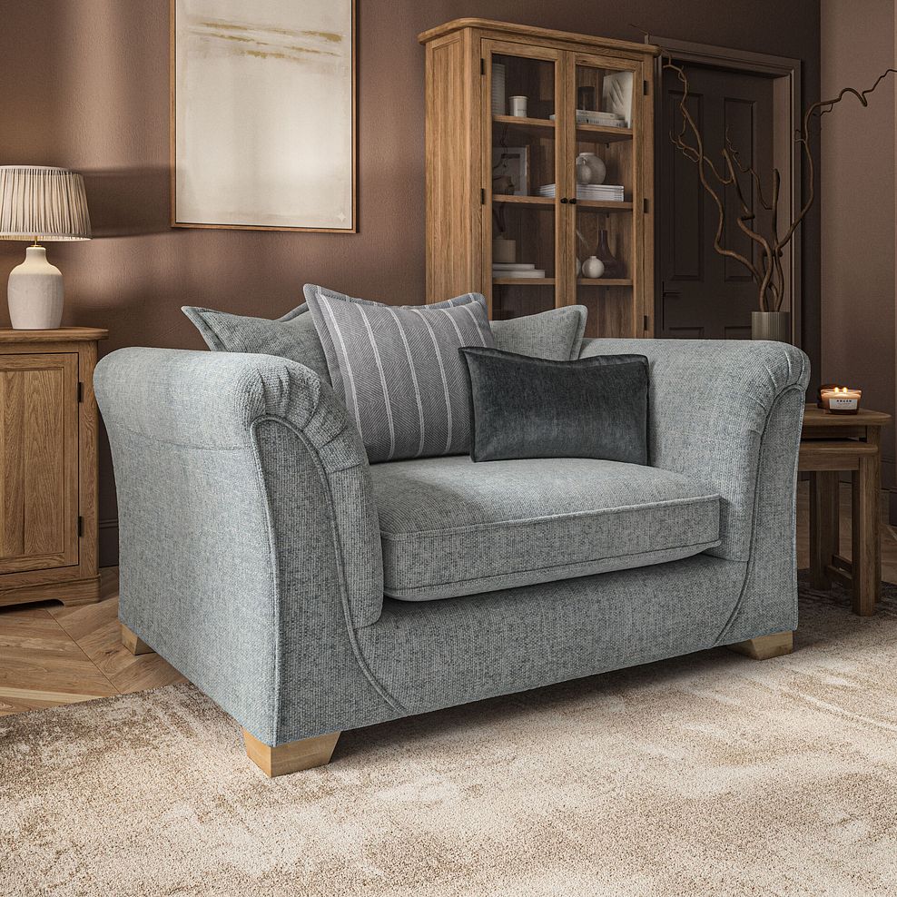 Milldale Pillow Back Loveseat in Milo Pewter Fabric with Grey Scatters 1
