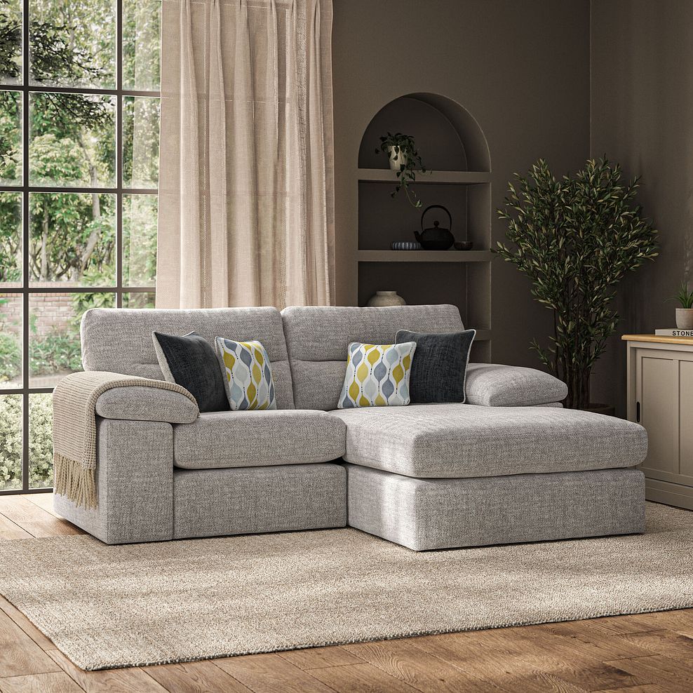 Morgan Modular 2 Seater Right Hand Compact Chaise Sofa in Santos Silver with Green and Grey Scatters - Group 13 1