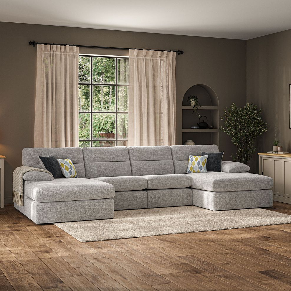 Morgan Modular 4 Seater U-Shape Chaise Sofa in Santos Silver with Green and Grey Scatters - Group 17 1