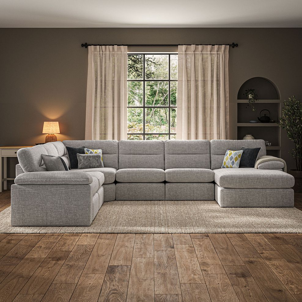 Morgan Modular 6 Seater Right Hand Corner Sofa with Chaise in Santos Silver with Green and Grey Scatters - Group 19 1