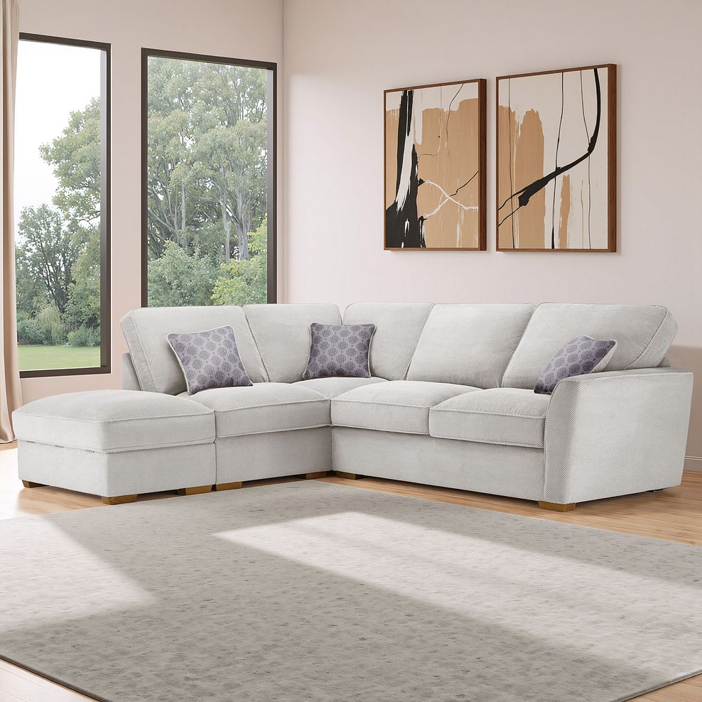 Nebraska Left Hand Corner High Back Sofa with Storage Footstool in Aero Silver with Grey Scatters 1
