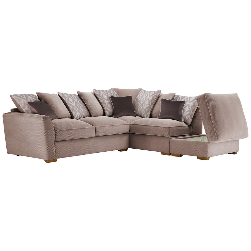 Nebraska Left Hand Corner Pillow Back Sofa with Storage Footstool in Aero Fawn with Cedar Scatters 2