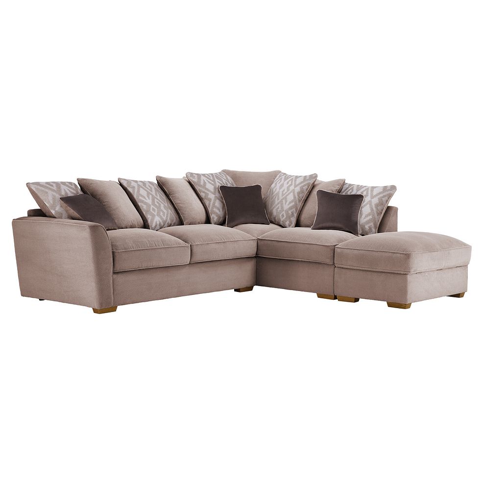 Nebraska Left Hand Corner Pillow Back Sofa with Storage Footstool in Aero Fawn with Taupe Scatters 1