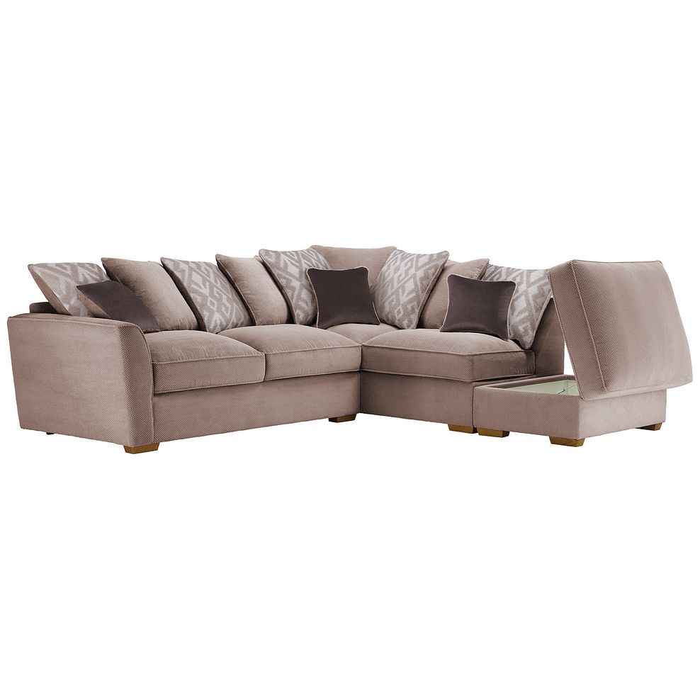 Nebraska Left Hand Corner Pillow Back Sofa with Storage Footstool in Aero Fawn with Taupe Scatters 2