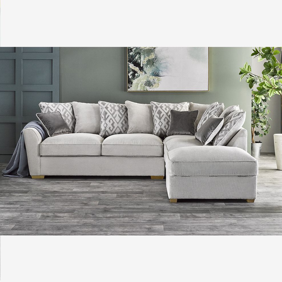 Nebraska Left Hand Corner Pillow Back Sofa with Storage Footstool in Aero Silver with Grey Scatters 1