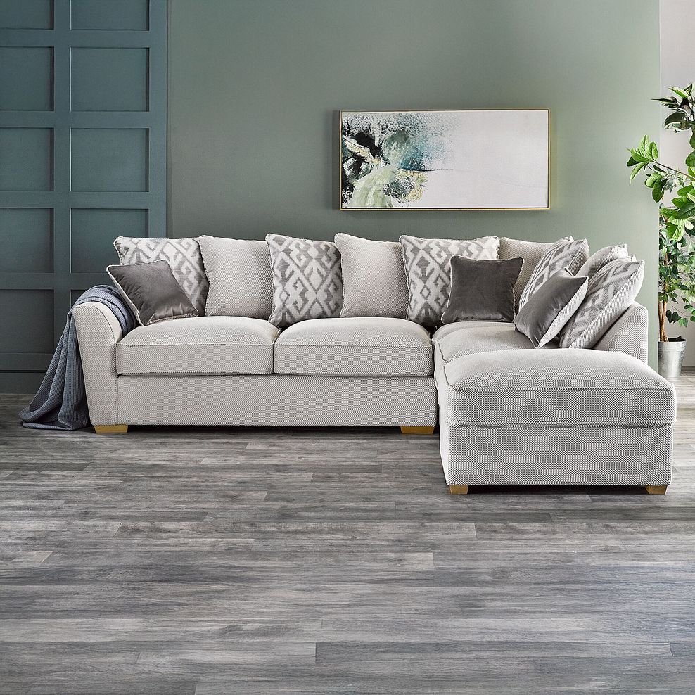 Nebraska Left Hand Corner Pillow Back Sofa with Storage Footstool in Aero Silver with Grey Scatters 2