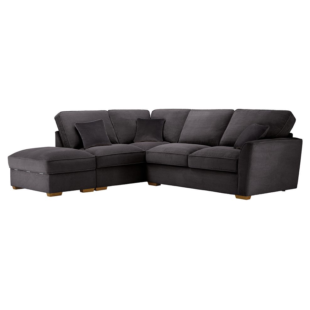 Nebraska Right Hand Corner High Back Sofa with Storage Footstool in Aero Charcoal with Grey Scatters 1