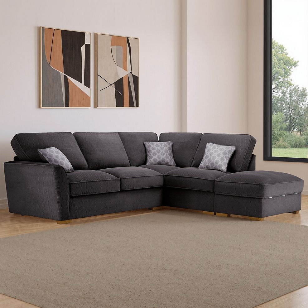 Nebraska Right Hand Corner High Back Sofa with Storage Footstool in Aero Charcoal with Grey Scatters 1