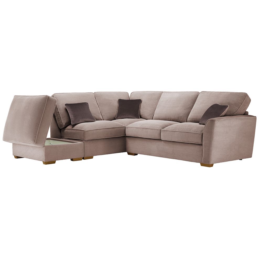 Nebraska Right Hand Corner High Back Sofa with Storage Footstool in Aero Fawn with Taupe Scatters 2