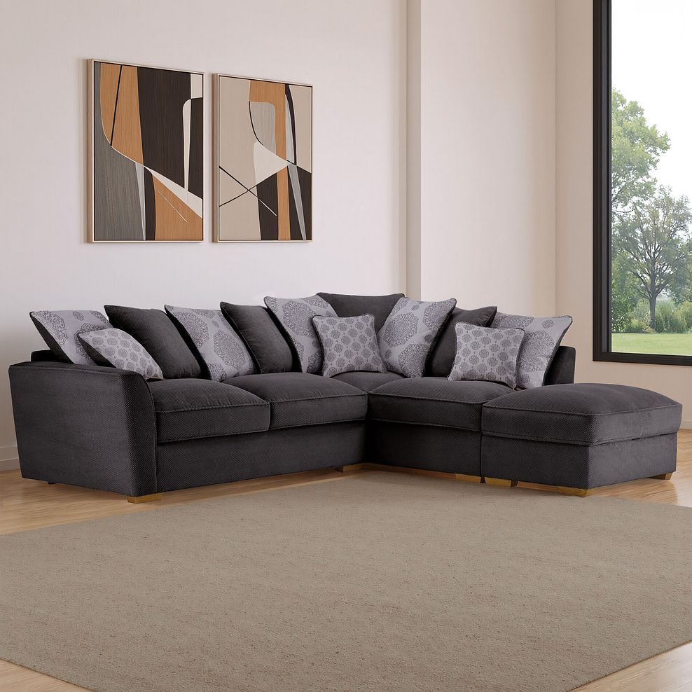 Nebraska Right Hand Corner Pillow Back Sofa with Storage Footstool in Aero Charcoal with Grey Scatters 1