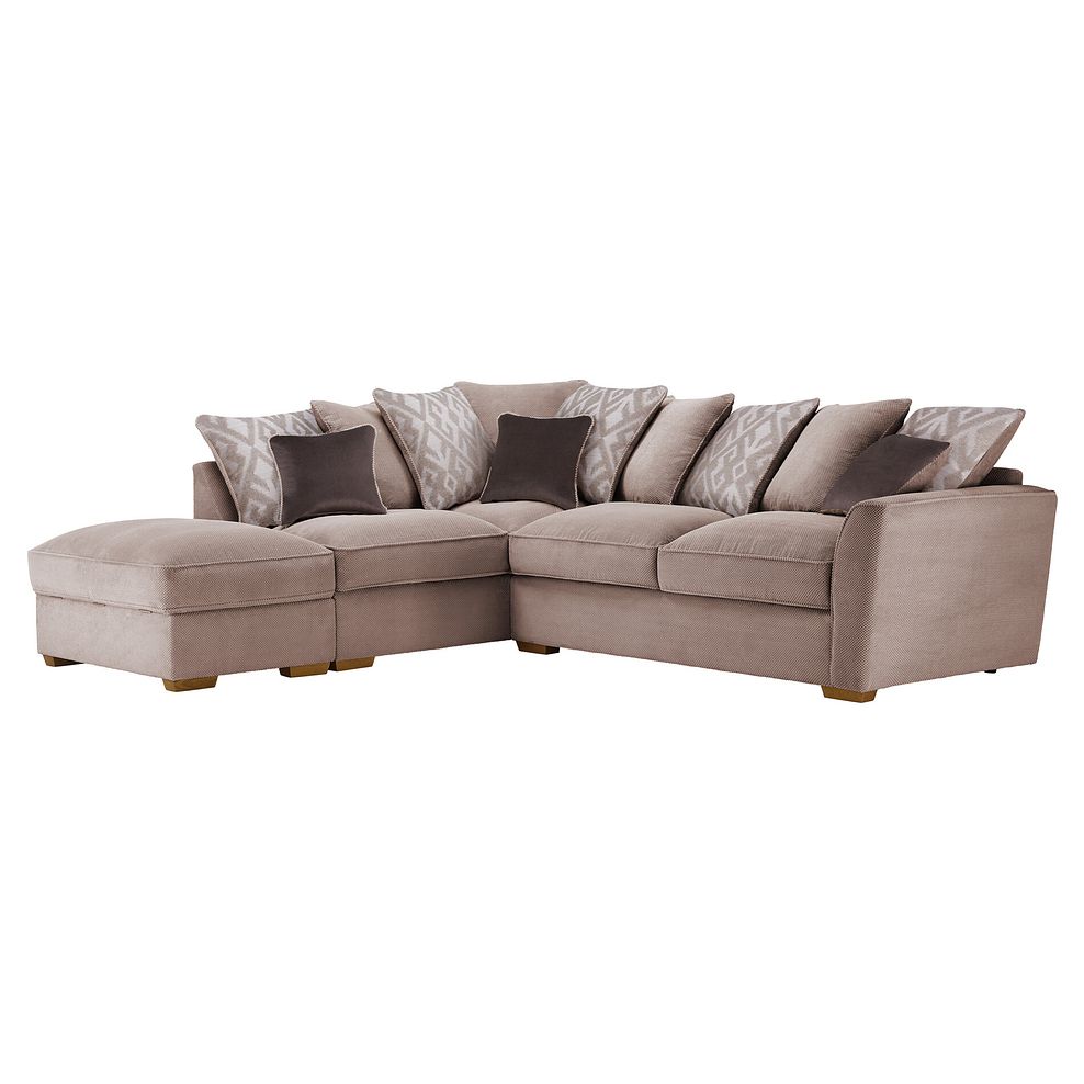 Nebraska Right Hand Corner Pillow Back Sofa with Storage Footstool in Aero Fawn with Taupe Scatters 1