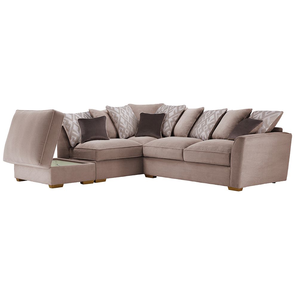 Nebraska Right Hand Corner Pillow Back Sofa with Storage Footstool in Aero Fawn with Taupe Scatters 2