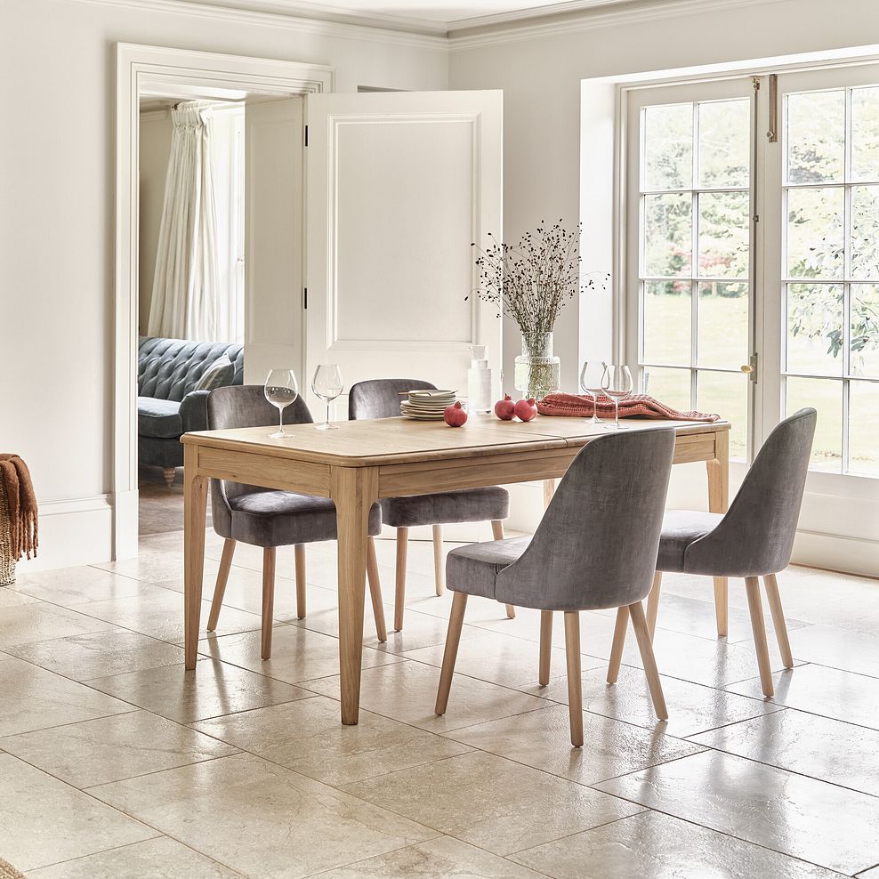 Newton Light Natural Solid Oak 5ft11" Extending Dining Table + 4 Bette Upholstered Chair with Oak Legs in Heritage Granite Velvet 2