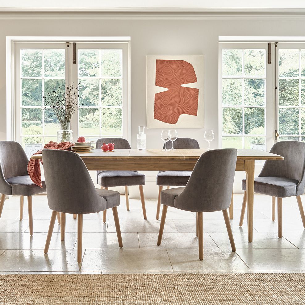 Newton Light Natural Solid Oak 5ft11" Extending Dining Table + 6 Bette Upholstered Chair with Oak Legs in Heritage Granite Velvet 2