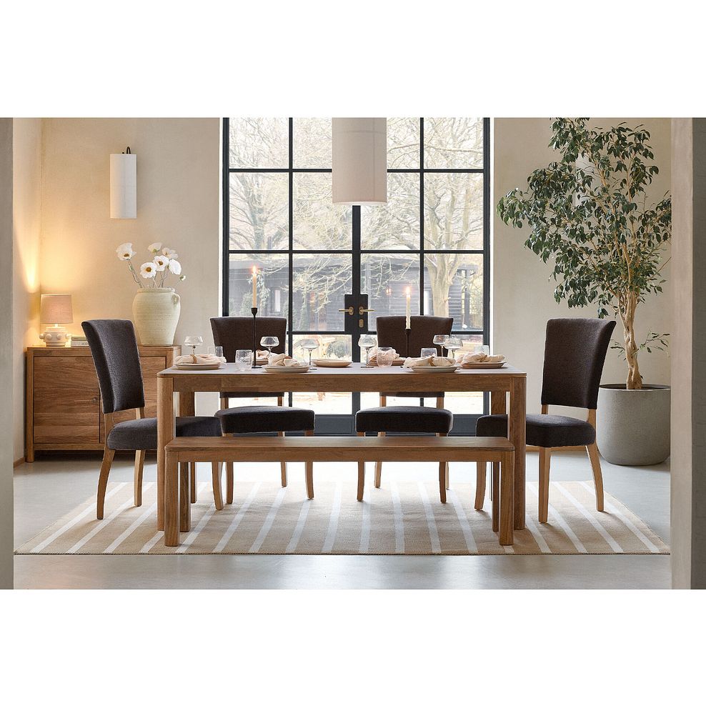 Noah Mango Dining Table And 4 Curve Back Plain Charcoal Fabric Chairs with 1 Noah Bench 1