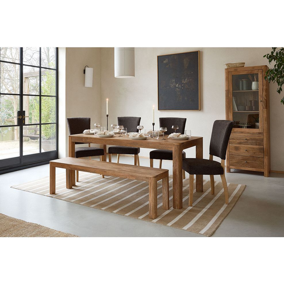 Noah Mango Dining Table And 4 Curve Back Plain Charcoal Fabric Chairs with 1 Noah Bench 2